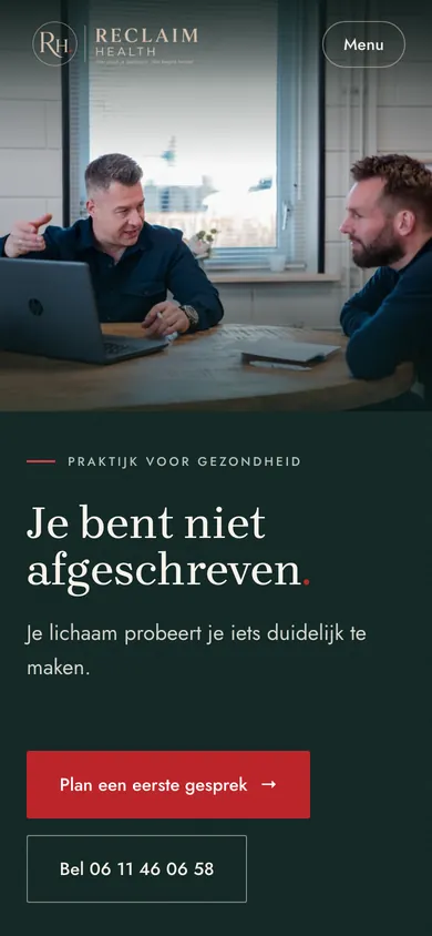 De homepage van Reclaim Health op een telefoon