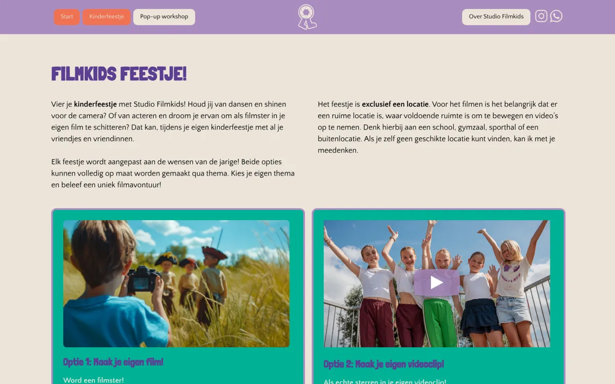 Homepage van Studio Filmkids, kinderfeestjes met een eigen film