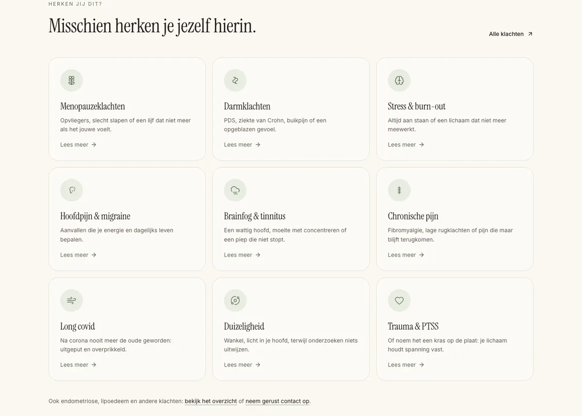 Het overzicht van klachten op de homepage