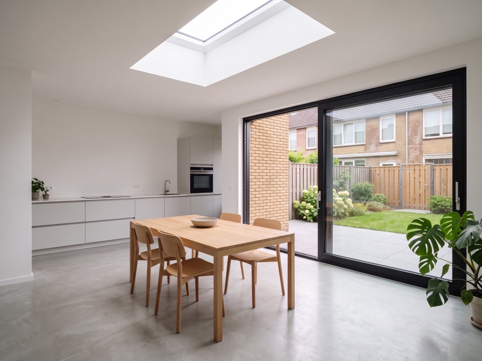 Een lichte keuken met eettafel in een nieuwe uitbouw, met een lichtstraat in het plafond en een schuifpui naar de tuin