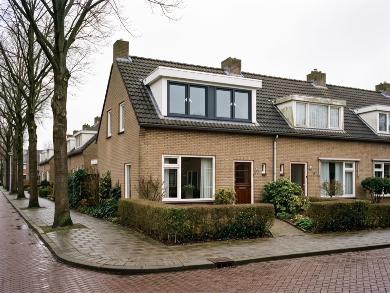 Een nieuwe dakkapel met antraciet kozijnen op het dak van een hoekhuis
