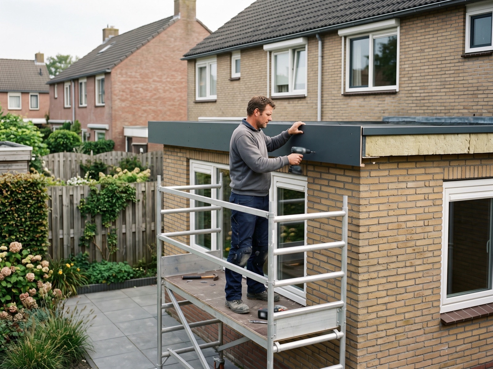 Timmerman op een rolsteiger zet een boeiboord vast langs het platte dak van een nieuwe uitbouw