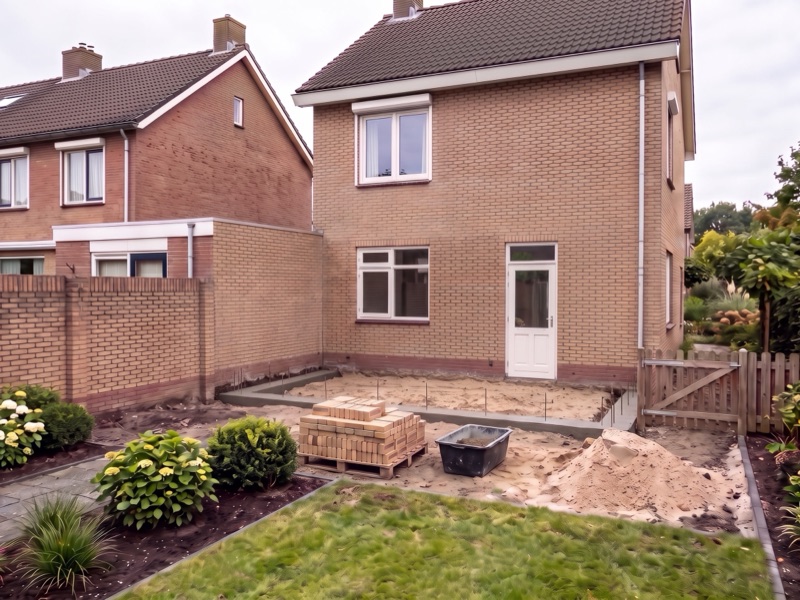 De tuin afgegraven en de betonnen fundering voor de uitbouw gestort