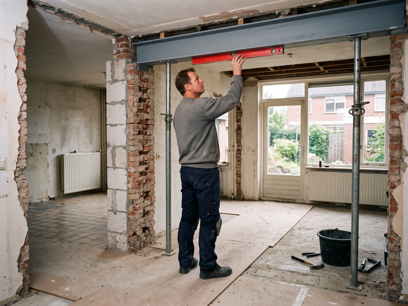 Timmerman controleert met een waterpas de nieuwe stalen balk waar de muur tussen keuken en kamer is weggehaald
