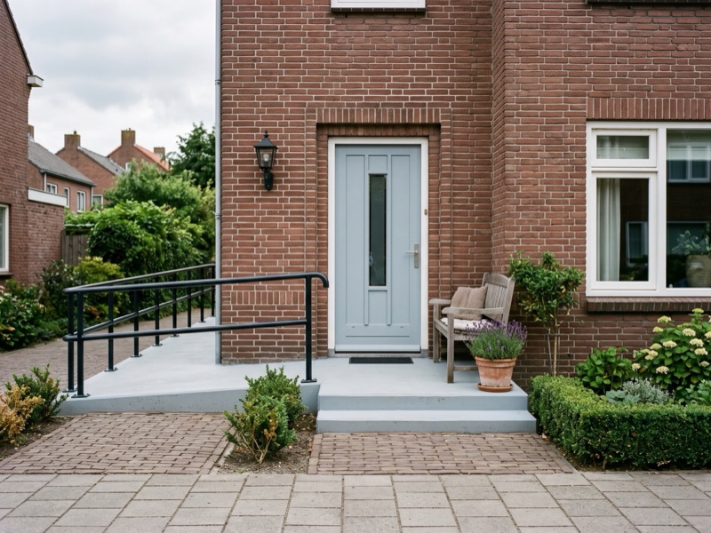 De ingang van de praktijk: een grijsblauwe deur met een hellingbaan en een leuning naast twee treden, een bankje en een pot lavendel