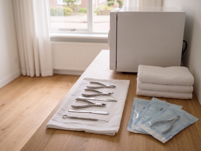 Schone instrumenten van de pedicure op een doek, naast gesloten sterilisatiezakjes en de sterilisator