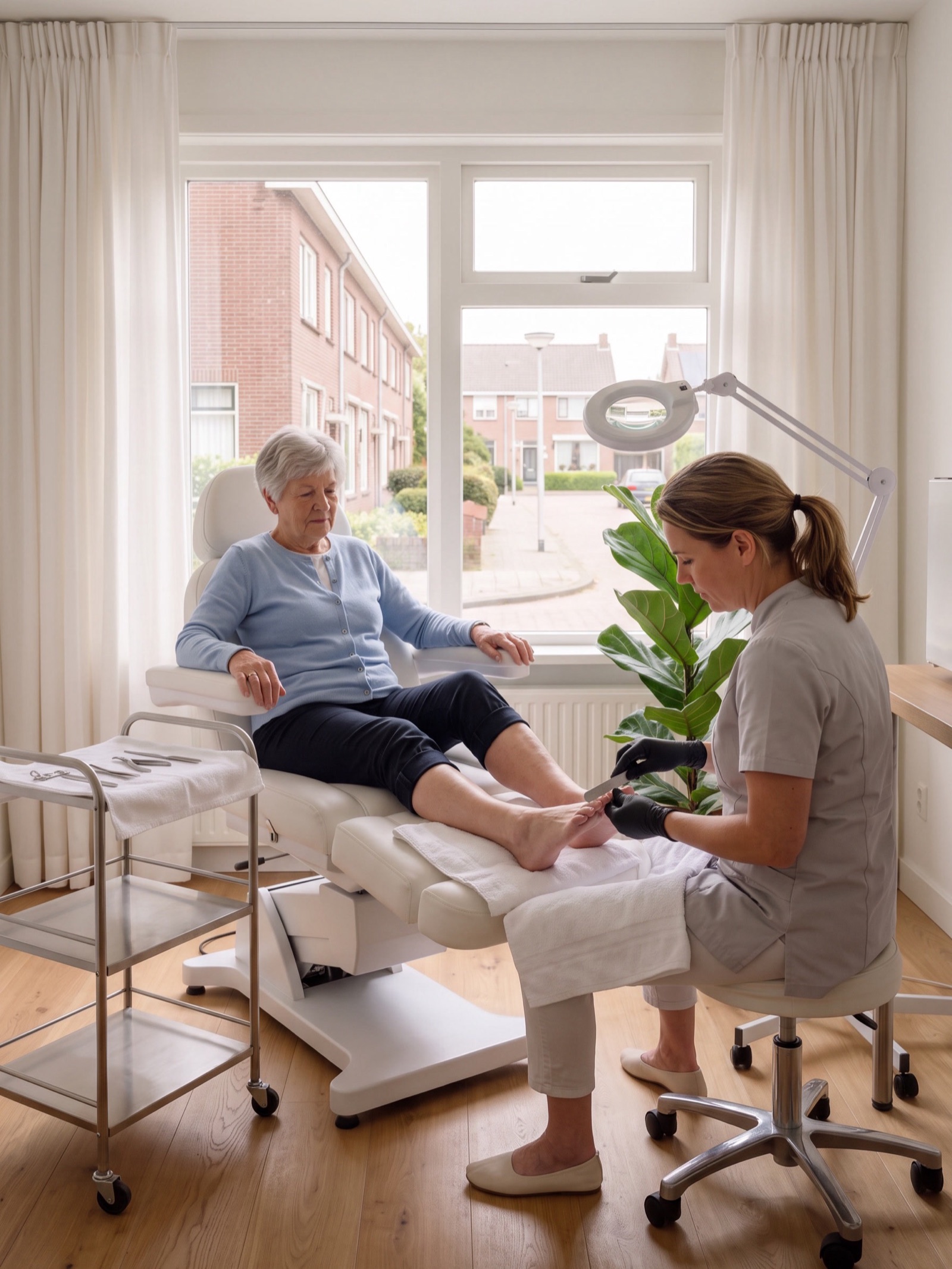 Pedicure met handschoenen vijlt in de praktijk de teennagel van een oudere klant in de pedicurestoel