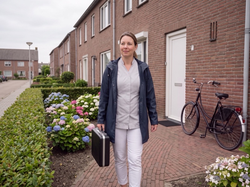 Pedicure met een zwarte koffer loopt over het tuinpad van een rijtjeshuis, op weg naar een klant