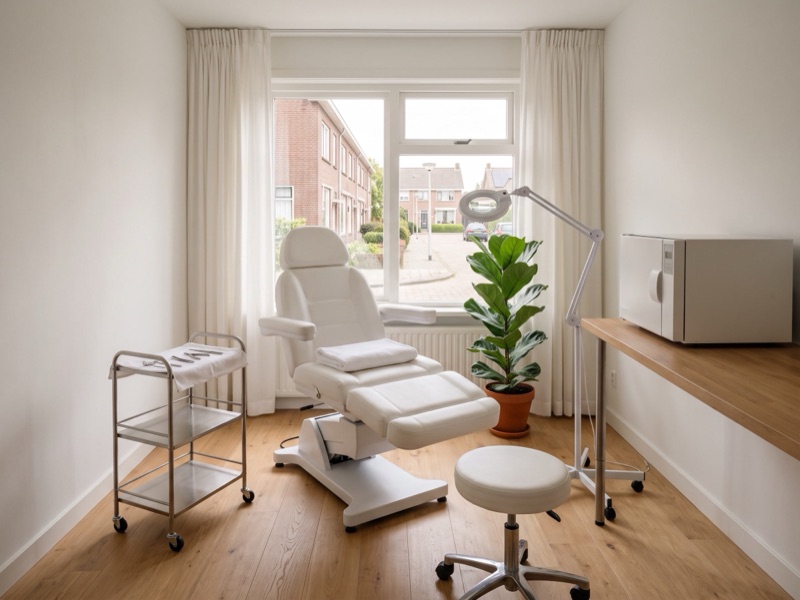 De behandelkamer van de praktijk met een witte pedicurestoel, een instrumentenkarretje en een raam naar de straat
