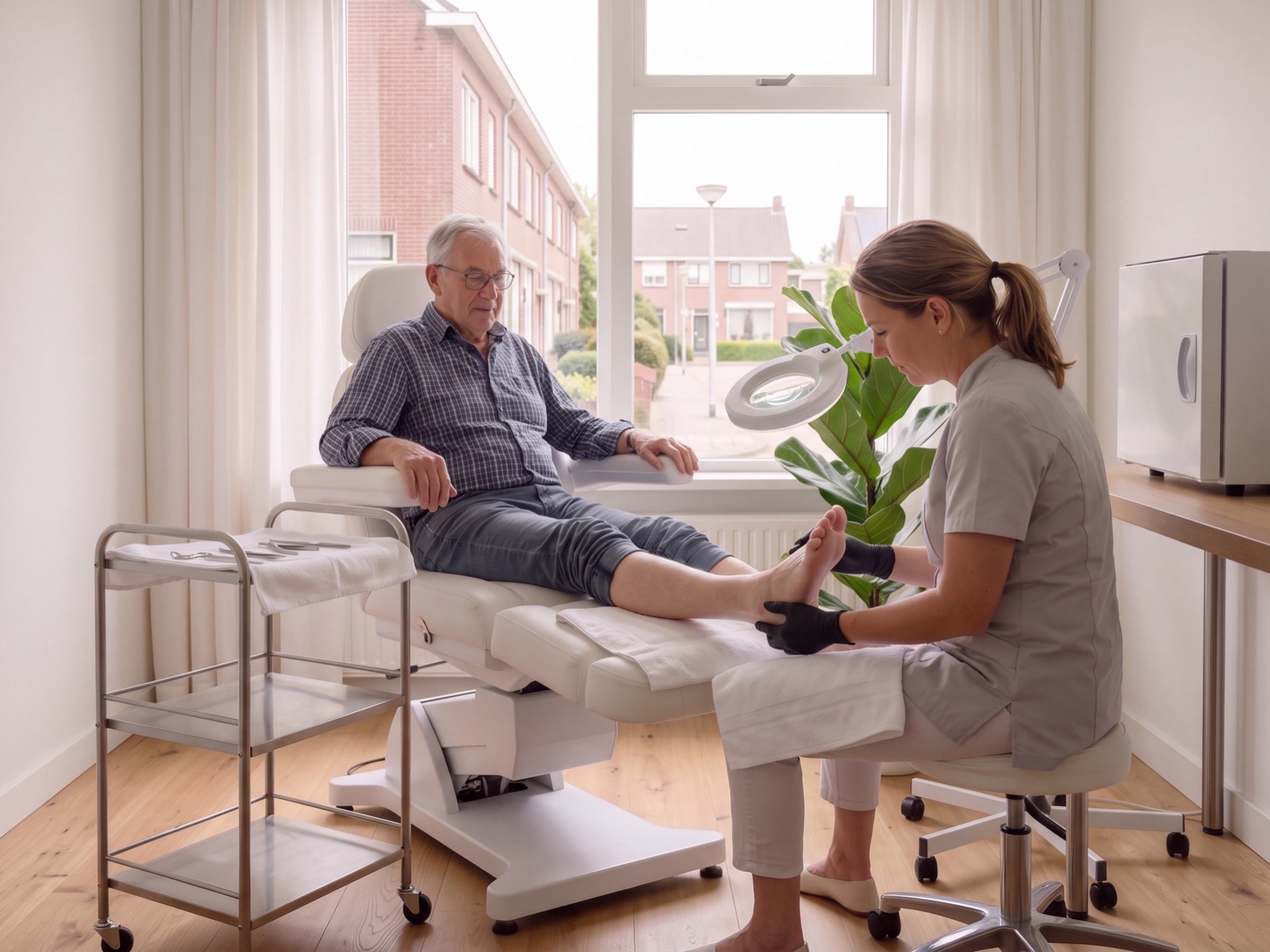 Pedicure met handschoenen bekijkt onder de lamp de voet van een oudere klant