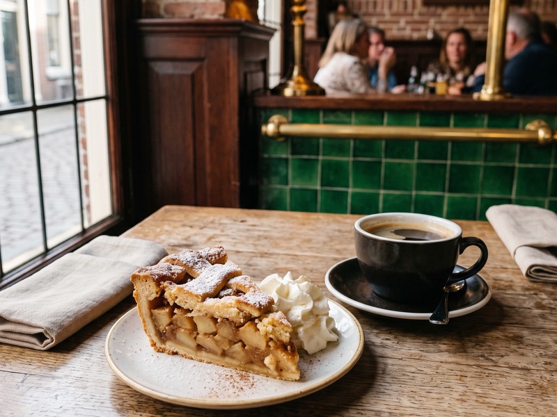 Een punt appeltaart met slagroom en een kop koffie