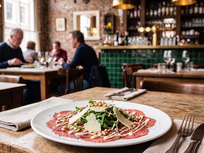 Carpaccio met rucola, Parmezaan en pijnboompitten