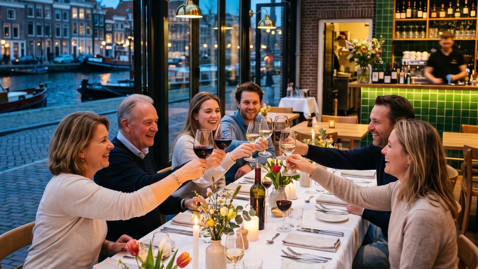 Een lange gedekte tafel in de serre, met een gezelschap dat proost