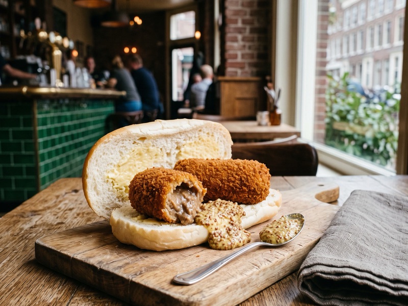 Broodje kroket met grove mosterd op een houten plank