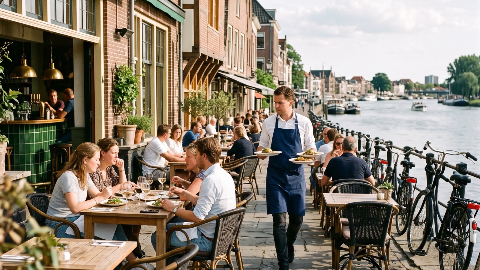 Het terras van Brasserie Waterhoen aan de kade, in de middagzon