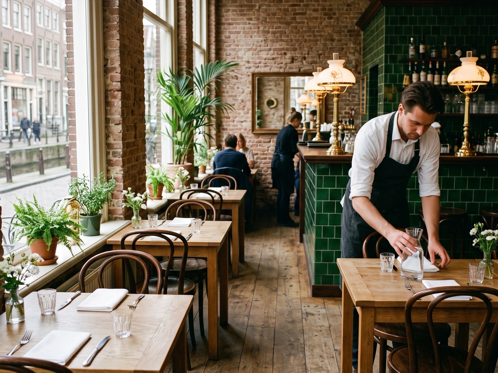 De zaal van Brasserie Waterhoen, gedekt voor de lunch