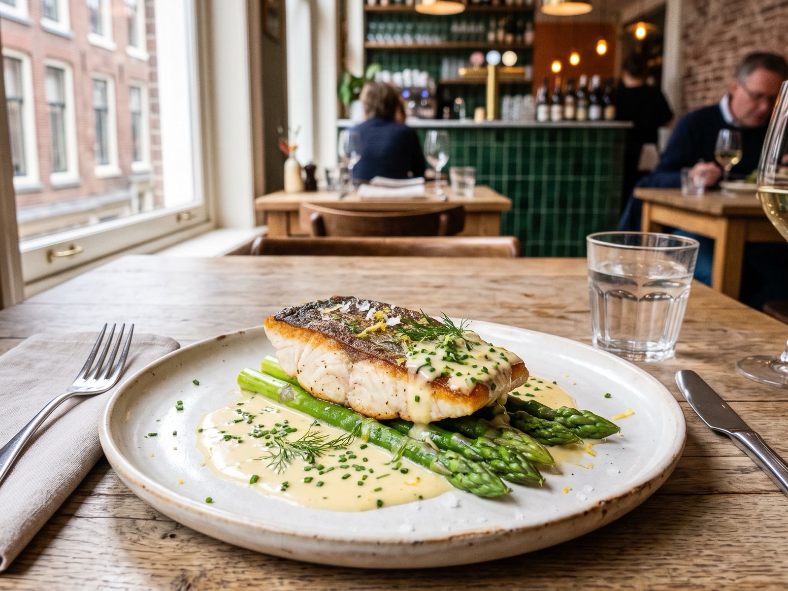 Zeebaars met groene asperges en beurre blanc