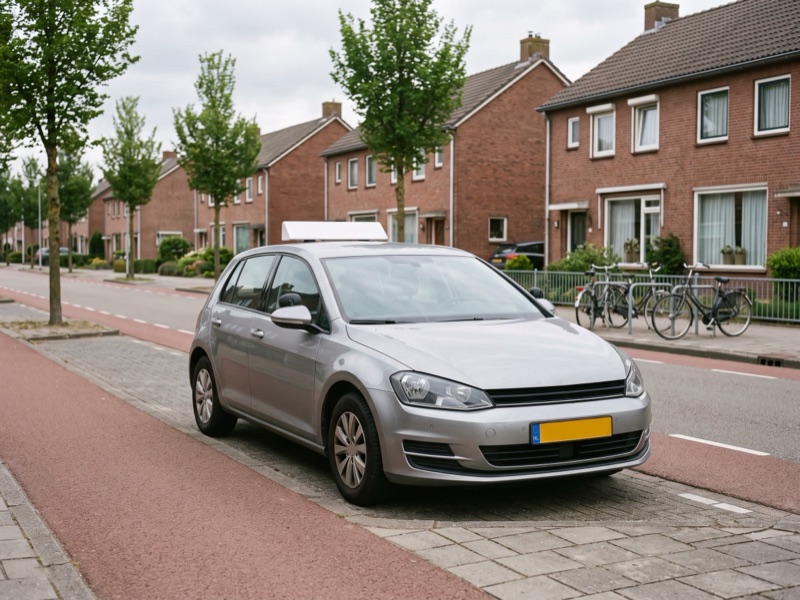 De lesauto staat geparkeerd in een rustige straat met rijtjeshuizen en een fietspad