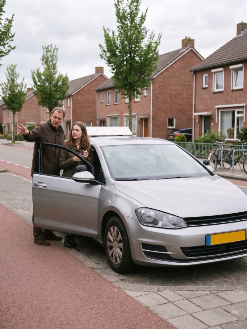Rijinstructeur wijst bij de geopende deur van de lesauto iets aan op de weg, de leerling luistert