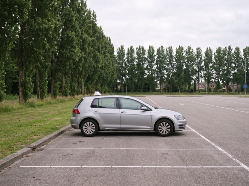 De lesauto staat alleen op een leeg parkeerterrein met belijning en een rij populieren erachter