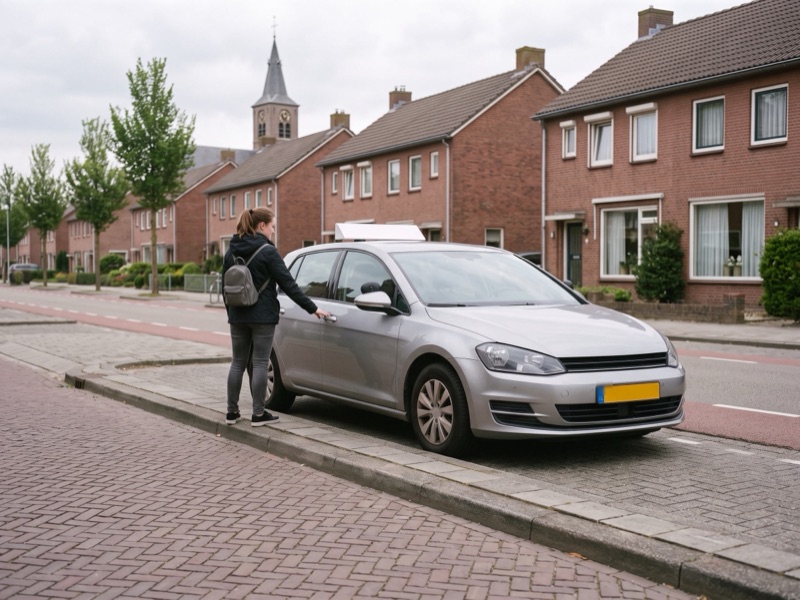 De lesauto wacht in een dorpsstraat, een leerling loopt ernaartoe met een rugzak