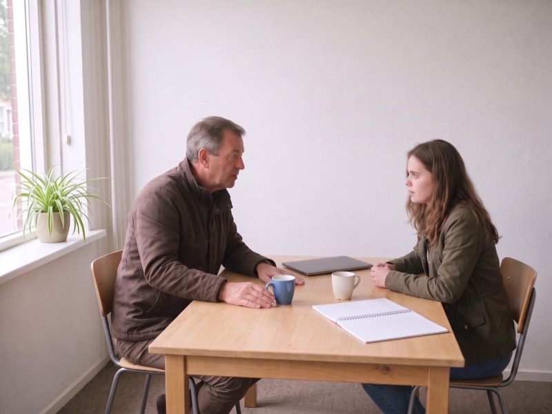De instructeur legt aan een tafel iets uit aan een leerling, met een laptop en een blocnote ertussen