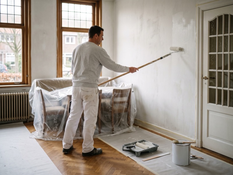 Schilder rolt een muur in een woonkamer met afgedekte meubels en een beschermde parketvloer