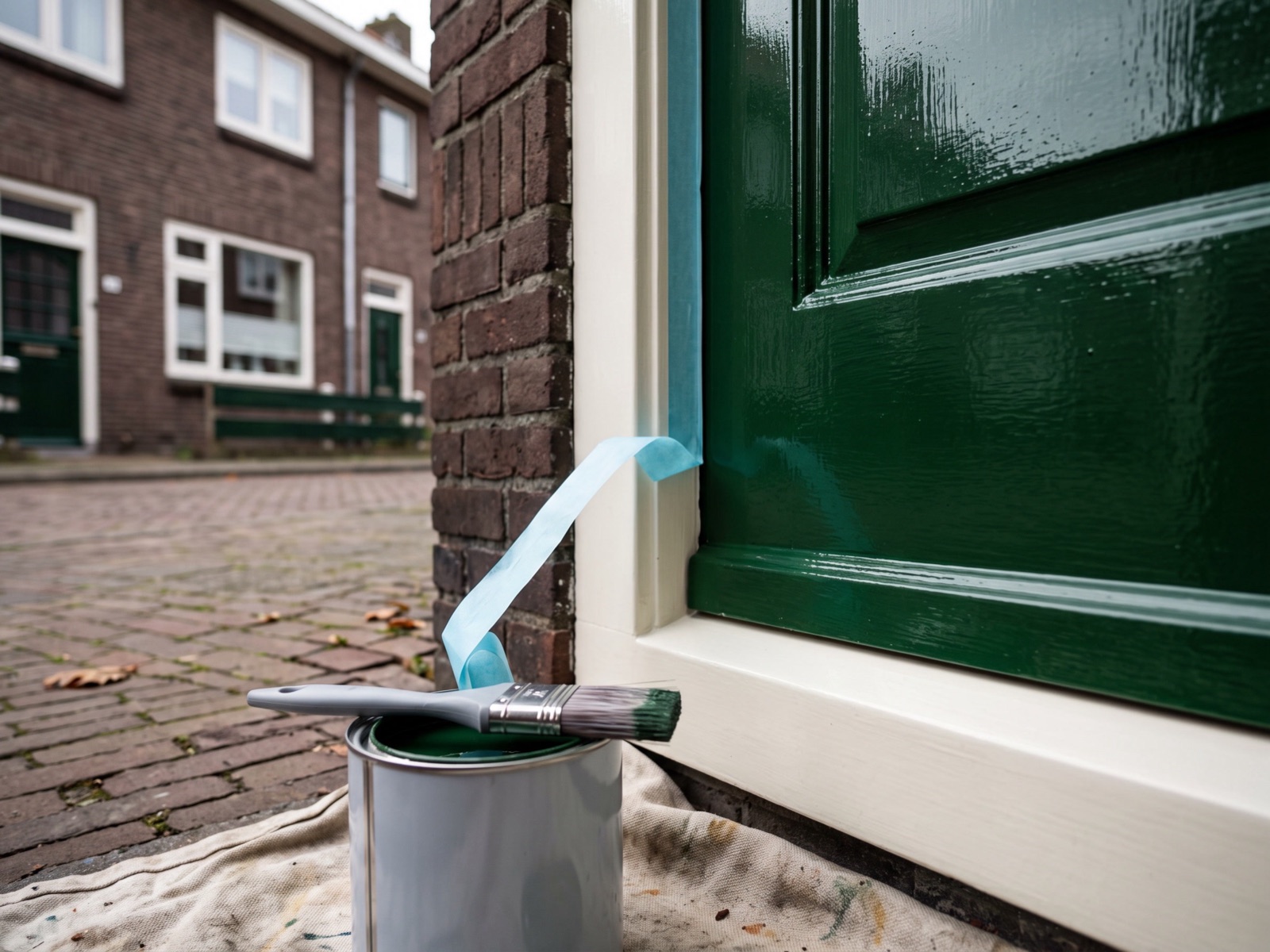 Strakke lijn tussen de donkergroene lak van een voordeur en het crèmewitte kozijn, met de afplaktape er net af
