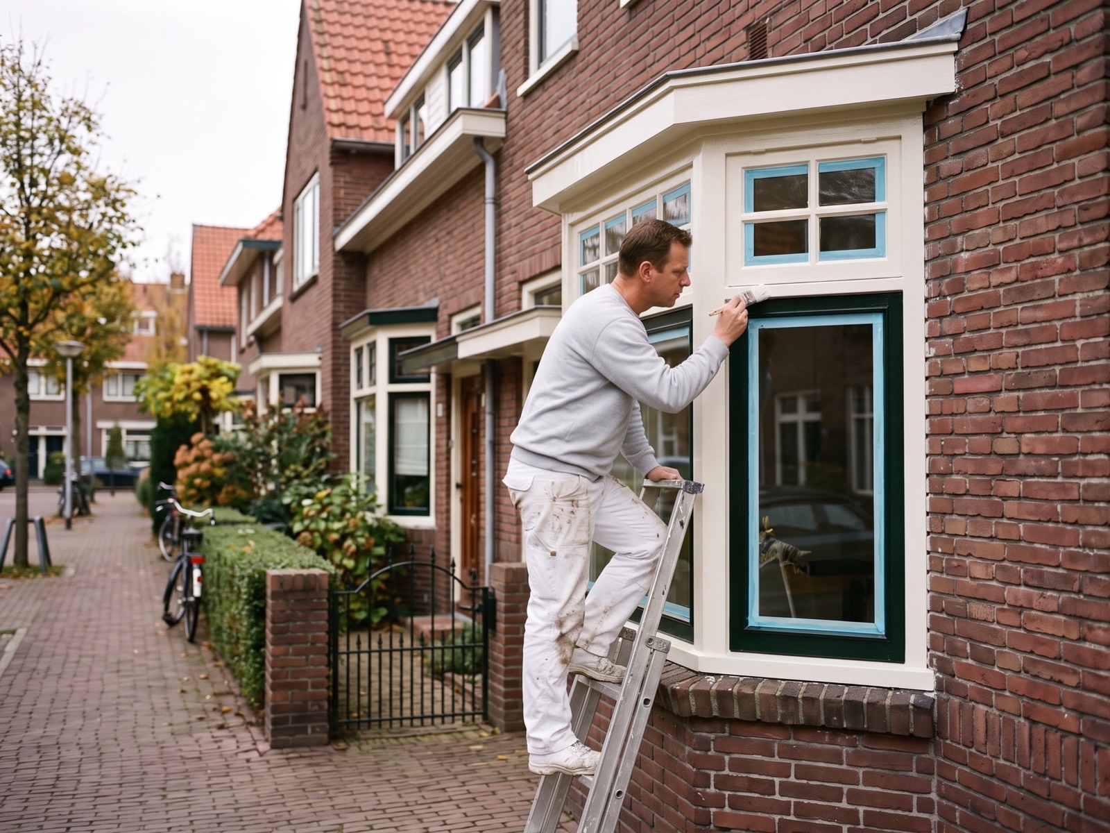 Schilder op een ladder lakt het crèmewitte kozijn van een erker aan een bakstenen jarendertighuis
