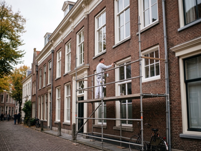 Schilder op een steiger voor een negentiende-eeuws herenhuis in de binnenstad