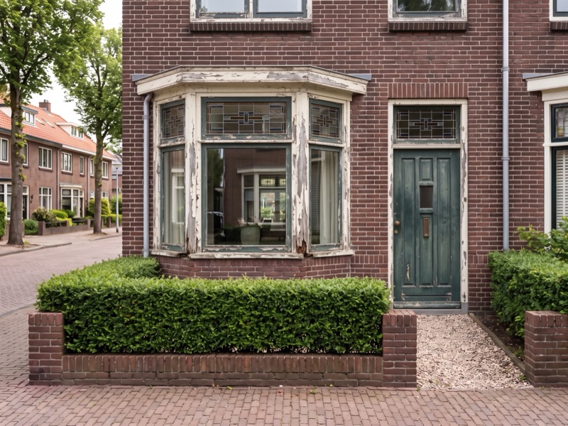 Bladderende verf en houtrot aan de erker en de voordeur van een jarendertigwoning