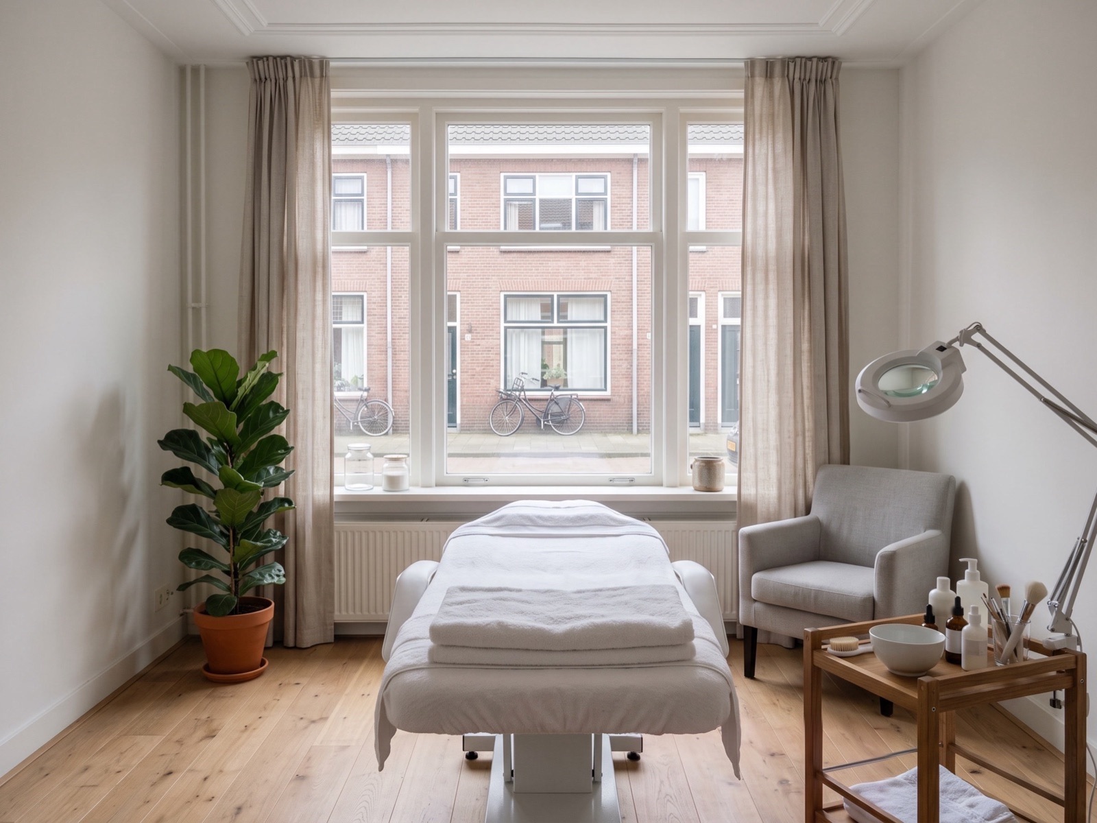 De behandelkamer van de salon met een behandelbank, een loeplamp en een raam naar de straat