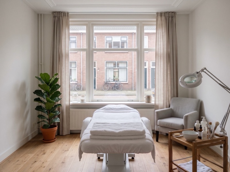 De behandelkamer van de salon met een behandelbank, een loeplamp en een raam naar de straat