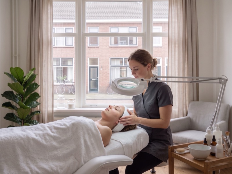 Schoonheidsspecialiste bekijkt door een loeplamp de huid van een klant op de behandelbank