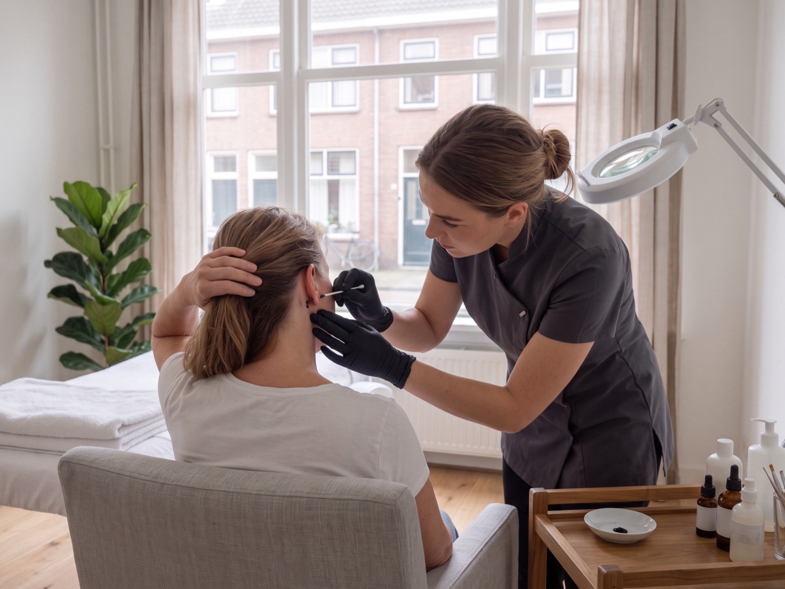 Schoonheidsspecialiste met handschoenen zet met een wattenstaafje een stipje wimperverf achter het oor van een klant, als huidtest