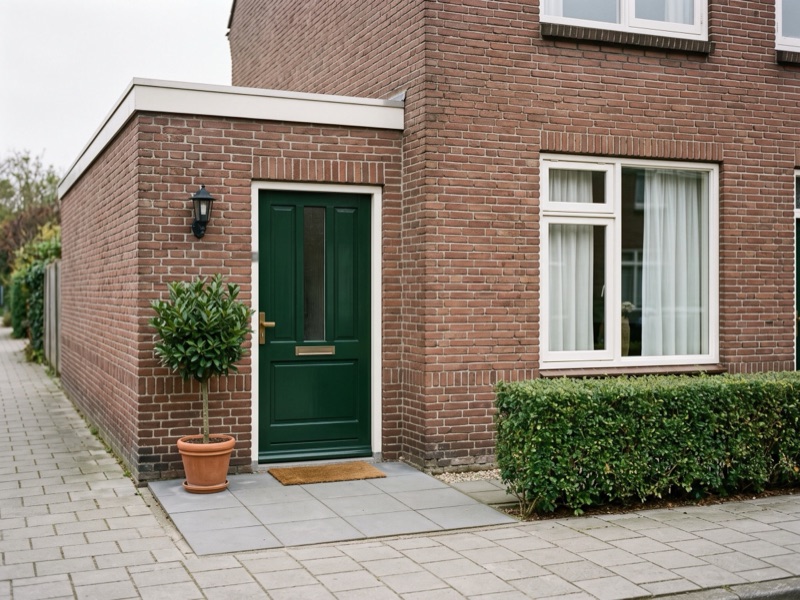 De eigen ingang van de salon: een groene deur in een bakstenen aanbouw naast het huis, met een lamp en een laurierboompje