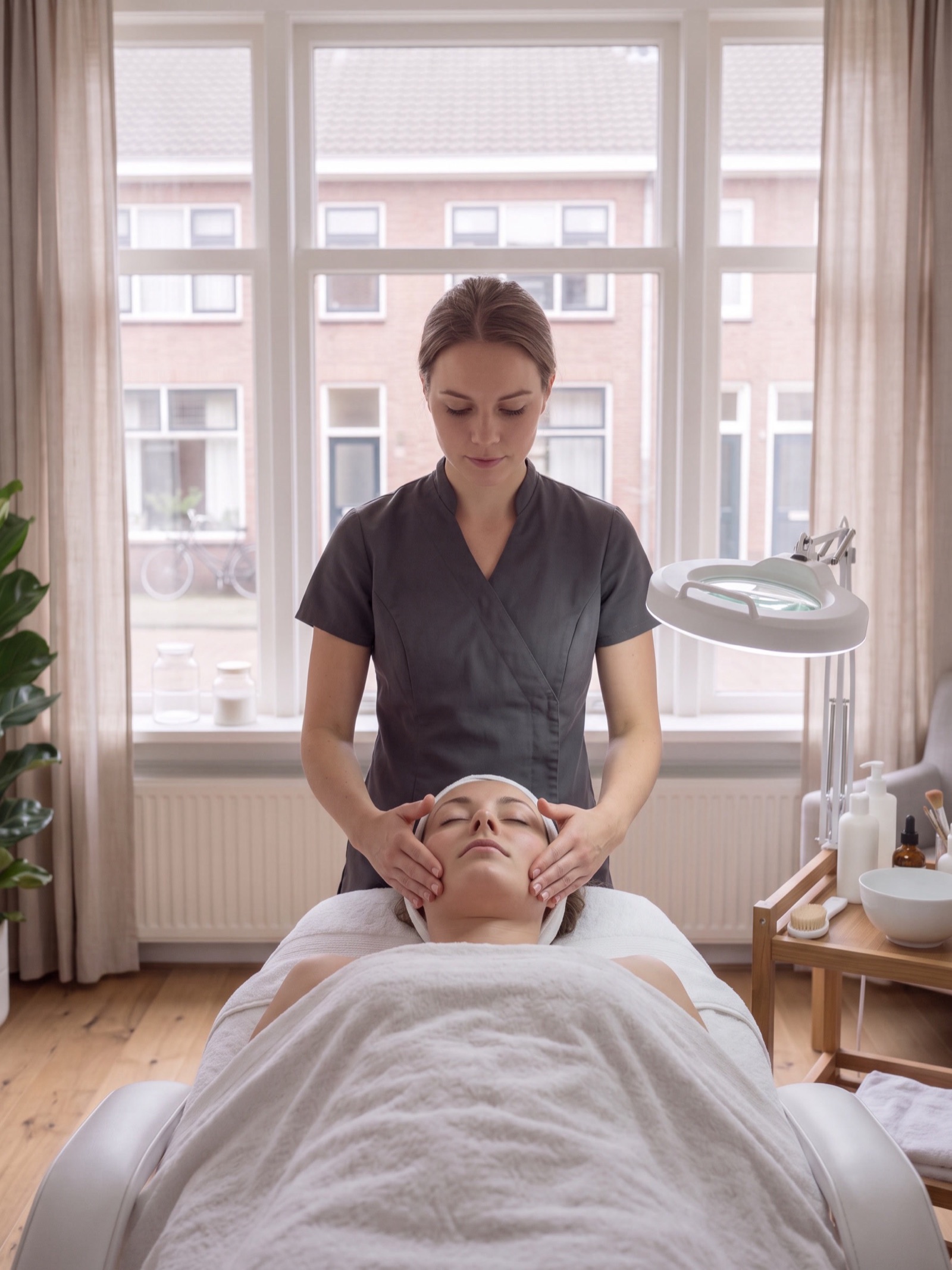 Schoonheidsspecialiste masseert het gezicht van een klant die met gesloten ogen op de behandelbank ligt