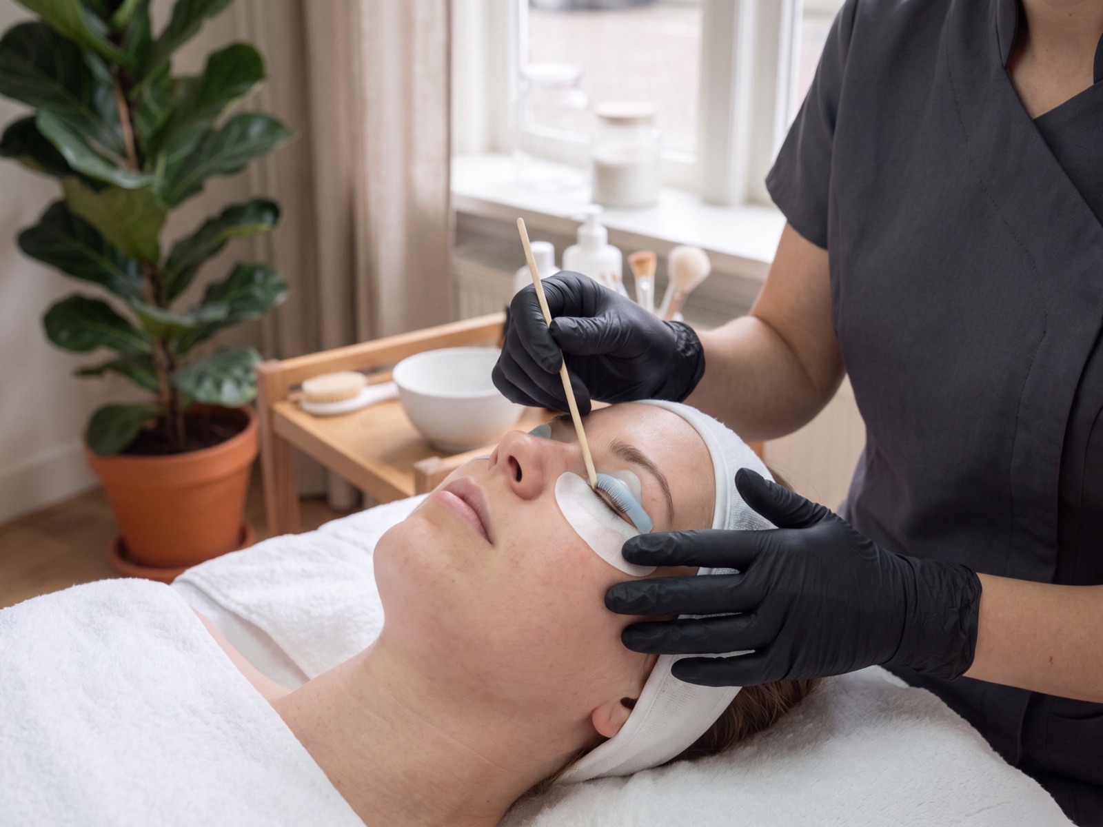 Close-up van een lash lift: een schoonheidsspecialiste met handschoenen legt met een houten stokje de wimpers van een klant op een siliconen vormpje