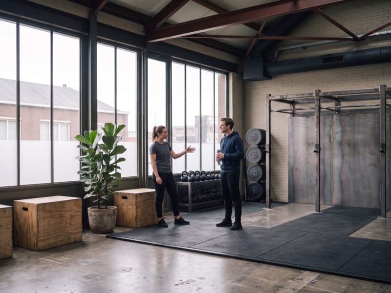 De coach staat in de zaal te praten met iemand die er voor het eerst is, met zijn bidon in zijn hand