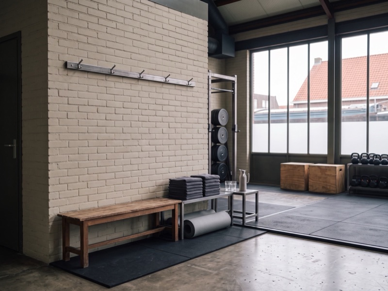 De hoek bij de ingang met een houten bank, kapstokhaken, opgevouwen handdoeken en een kan water