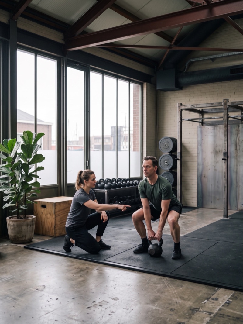 Coach op een knie naast een man die met een rechte rug een kettlebell van de vloer tilt, in de trainingszaal