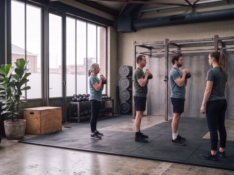 Drie mensen van verschillende leeftijden houden in een rij een kettlebell voor hun borst, de coach kijkt mee