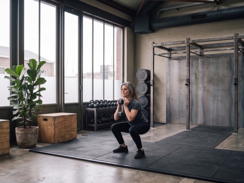 Een vrouw traint alleen en zakt met een dumbbell voor haar borst door haar knieën