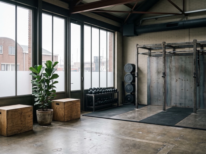 De lege trainingszaal met een stalen rek, halterschijven en kettlebells op een rubbervloer